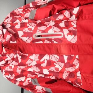 Sz M/L Red Kids Rain Jacket Zip Hood Velcro Reflecting Hearts Winter Coat Girls
